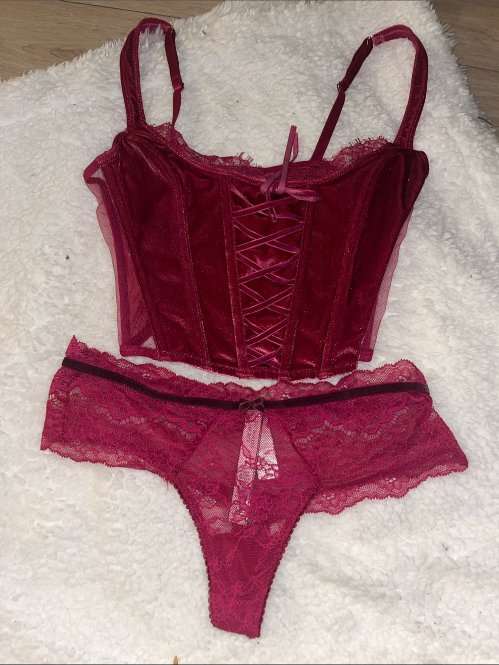 Victoria's Secret Deep Red Lace Corset & Lace Thong Set